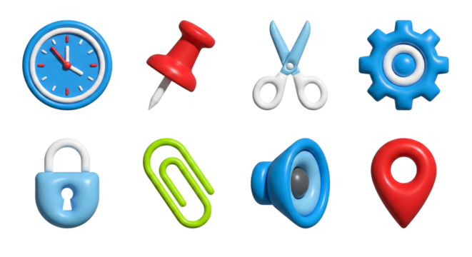 3D Rendered Icon Set Featuring Clock, Pin, Scissors, and Gear, Padlock, Clip, Loudspeaker and