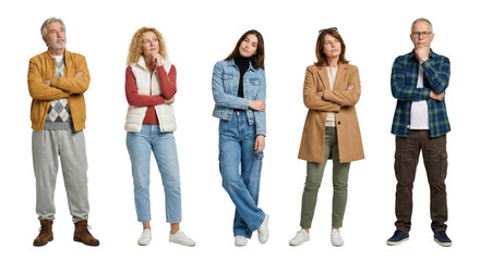 Group of pensive people in casual clothing pondering different ideas on transparent background