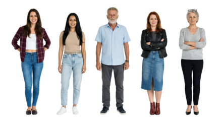 Diverse group of people standing confidently together on isolated transparent background