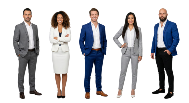 Diverse business professionals in stylish attire stand confidently on transparent backdrop