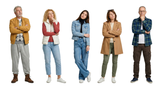 Group of pensive people in casual clothing pondering different ideas on transparent background - Powered by Adobe