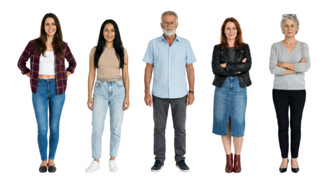 Diverse group of people standing confidently together on isolated transparent background