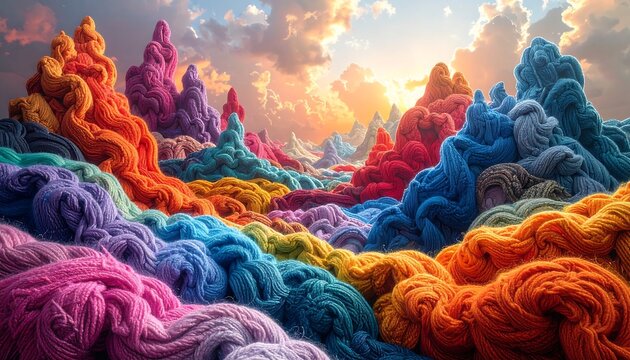 Vibrant, swirling landscape of colorful yarn resembling mountains under a bright, cloud-filled sky - Powered by Adobe