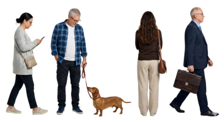Diverse individuals engaging in everyday activities with an endearing dachshund companion in a
