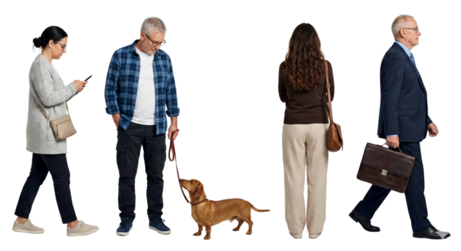 Diverse individuals engaging in everyday activities with an endearing dachshund companion in a