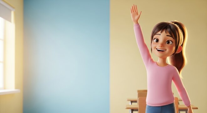 Smiling cartoon girl raising her hand in a classroom, eager to answer a question.