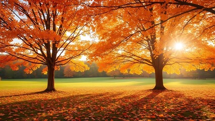Autumn's Embrace Captivating Scenery of Vibrant Orange Trees and Sunlight Over a Lush Meadow
