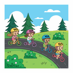 Obraz premium Children riding bikes illustration for kids activity books and educational resources for learning fun outdoors