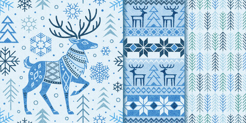 Set Christmas and New Year seamless pattern with deer and trees. Geometric winter ornament in Scandinavian minimalist style.