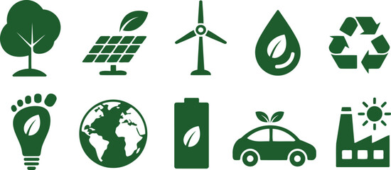 A complete set of ten green eco friendly sustainable energy icons on a pure white canvas