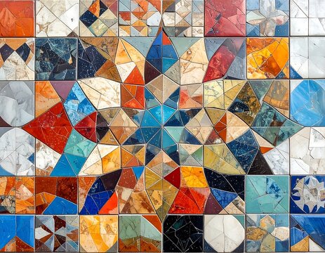 Vibrant tiled mosaic featuring geometric shapes and rich colors arranged in starburst and square patterns