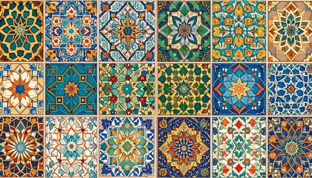 Vibrant, tiled wall featuring 18 unique, colorful symmetrical patterns in geometric and floral designs