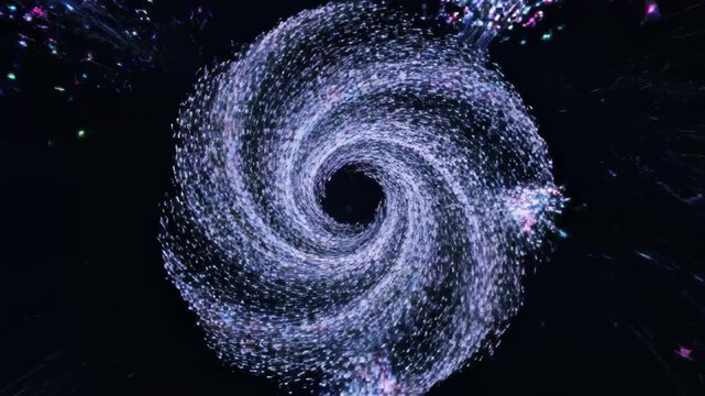 Experience the dazzling dance of vibrant light particles swirling in mesmerizing motion against a deep black backdrop perfect for modern designs