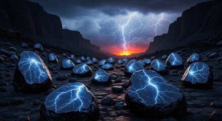 Dramatic landscape with glowing stones and lightning storm at sunset.