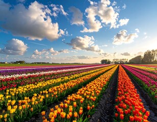 Fototapeta premium Vibrant tulip fields, arranged in colorful rows, stretch to the horizon under a bright, partly cloudy sky