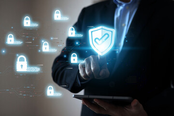 Human hand with cyber security data protection icons for online computer network and personal privacy user access key protect and hacker cybercrime prevent or safety storage cloud file.