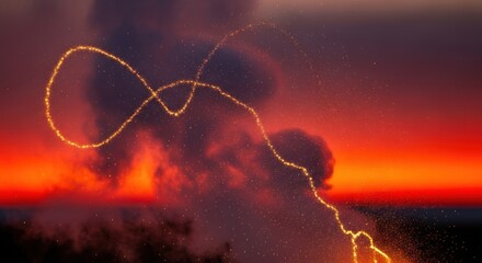 Dramatic sunset with lightning illuminating the clouds and landscape.
