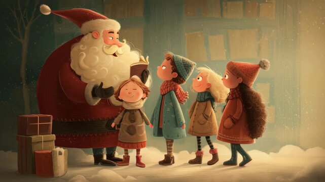 Santa for kids storybook, christmas, heartwarming storybook santa greeting children with kindness, soft rounded shapes, warm and gentle atmosphere