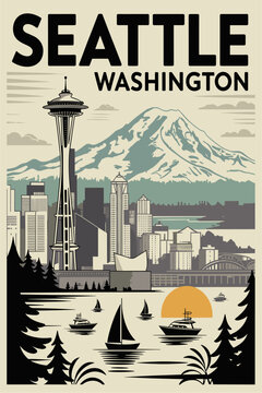 Retro Seattle travel poster with the Space Needle, Mount Rainier, and stylized boats on Elliott Bay. Flat vector design in muted blues and teals with bold SEATTLE typography