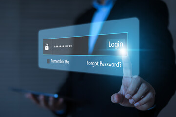 Human hand with screen of login username and password for identity or sign-up register of cyber security internet access join social or personal data protection or forget pass key unlock.