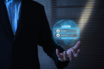 Human hand with screen of login username and password for identity or sign-up register of cyber security internet access join social or personal data protection or forget pass key unlock.