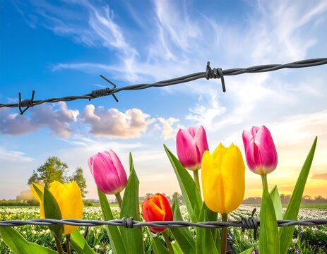 Vibrant tulips bloom behind a barbed wire fence against a bright, partly cloudy sky at sunset - Powered by Adobe