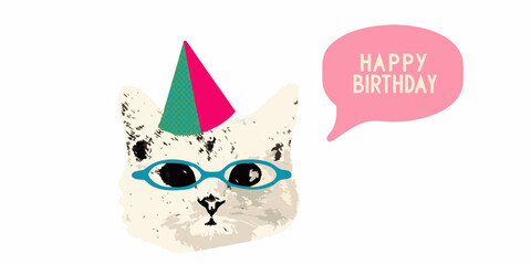 Funny birthday cat wearing party hat and glasses with speech bubble
