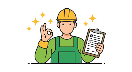 Construction worker with clipboard giving ok sign indicating approval on a job site for advertising safety compliance and quality control.