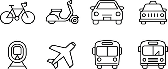 Set of Transportation and Vehicle Line Icons; Car, Bus, Train, Scooter, Bicycle, Airplane Vector Travel