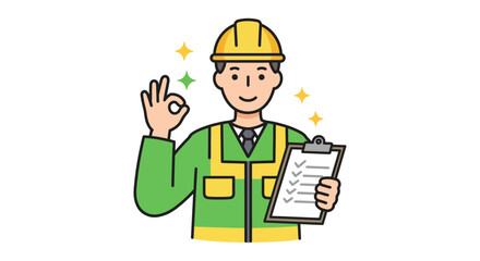 Construction worker with checklist giving okay sign confirming project success suitable for safety training materials and quality control assurance.
