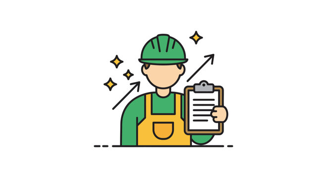 construction worker progress report a tradesman holding a clipboard next to rising arrows and stars showing job success for engineering blog posts