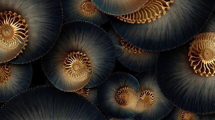 Abstract Golden Nautilus Shells On Dark Background