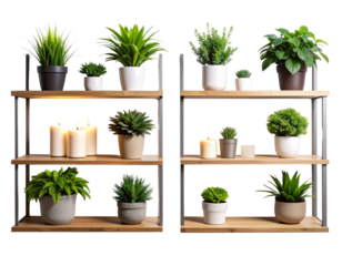 Modern Shelves with Plants and Candles Quad Set, isolated on transparent background