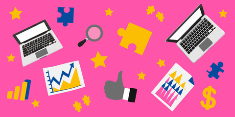 Business strategy and success concept with laptop charts and puzzle pieces