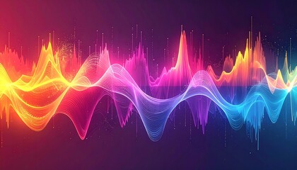 Vibrant waveform undulating lines glow in shades of red, orange, pink, purple, and blue against a dark purple background
