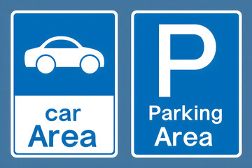 Two blue and white vector parking signs displayed on solid background, one labeled car and the other marked parking area with car icon, representing direction, transport, and urban navigation design