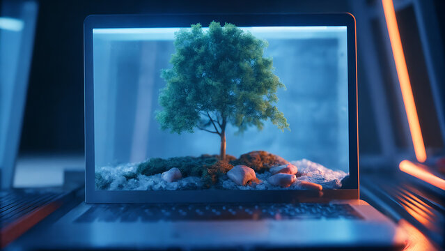 Green sustainable technology concept showing a living tree emerging from a laptop, symbolizing eco-innovation, digital environmental growth, and the connection between nature