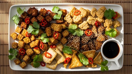 Tempeh and tofu pieces are served in a place for grilling with some toppings on top.