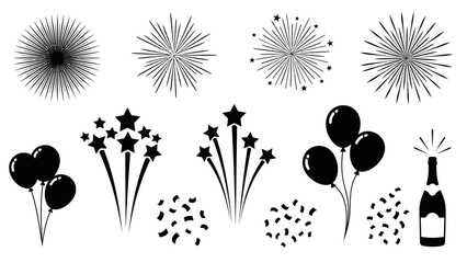 Black and white illustration of fireworks, balloons, stars, confetti, and a champagne bottle.
