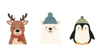 Cute cartoon illustrations of a reindeer, polar bear, and penguin wearing winter hats.
