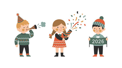 Three children celebrating New Year's Eve with party favors and a 2026 sign.