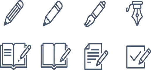 Set of Writing, Editing, and Education Line Icons; Pencil, Pen, Book, Document, Check Mark Vector