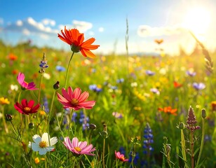 Vibrant wildflowers bloom in a sun-drenched meadow under a bright blue sky dotted with soft, fluffy clouds