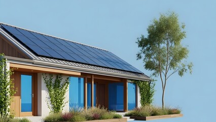 Modern eco-friendly house with rooftop solar panels for sustainable living