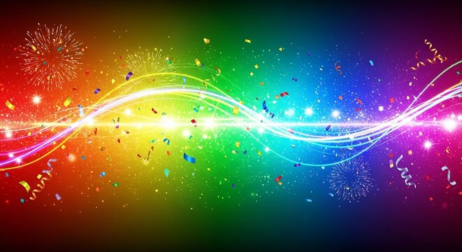 Vibrant rainbow spectrum background with light trails, confetti, and sparkles