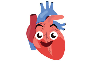 Cute smiling anatomical heart illustration representing health, happiness, and positive wellness.