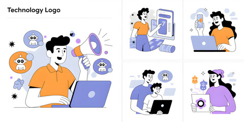 Collection of Flat Illustrations Featuring People, Technology, and Robots woman