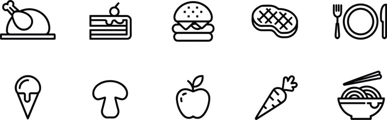 Set of Food and Dining Line Icons; Chicken, Cake, Burger, Steak, Ice Cream, Fruit Vector Symbols