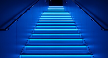 Modern illuminated staircase in blue leading upwards abstract architectural design