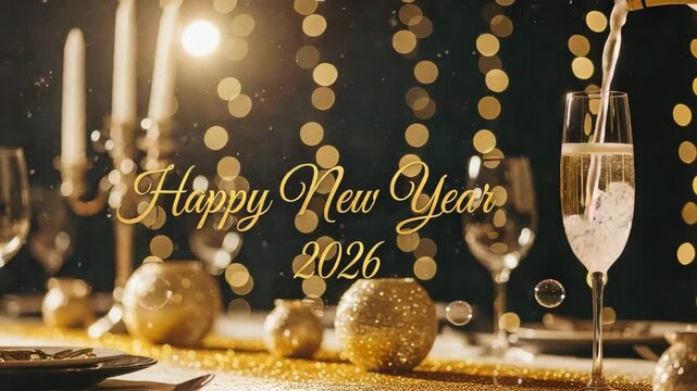 A festive table setting with champagne being poured for a happy new year celebration in 2026
